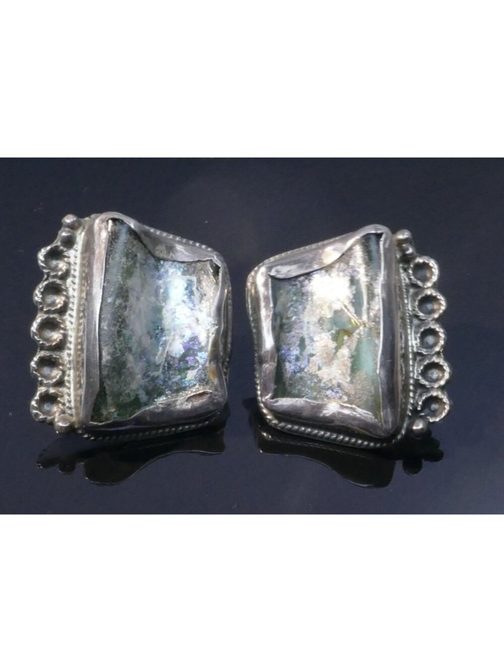 Vintage Signed JLR Israeli Sterling Silver Ancient Roman Glass Statement Earring